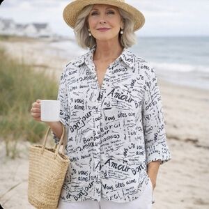 Linen Laura Ashley Woman french print black white button cuffed sleeve 1X